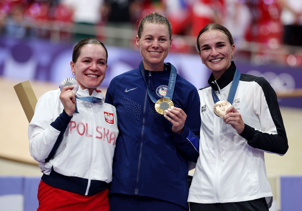 PARIS FRANCE AUGUST 11 Gold medalist Jennifer Valente of Team United States C Silver medalist Daria Pikulik of Team Poland L and Bronze medalist Ally Wollaston of Team New Zealand R pose on the podium after the Womens Omnium on day sixteen of the Olympic Games Paris 2024 at SaintQuentinenYvelines Velodrome on August 11 2024 in Paris France Photo by Jared C TiltonGetty Images
