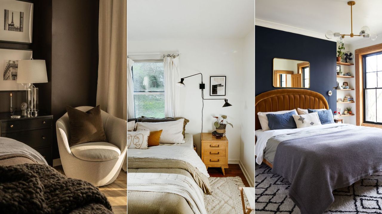 brown bedroom, white bedroom, dark blue bedroom