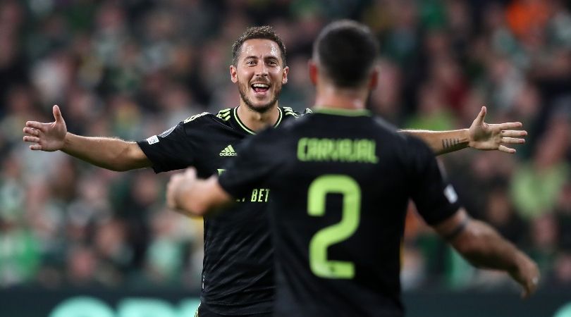 Eden Hazard celebrates scoring for Real Madrid against Celtic in the Champions League.