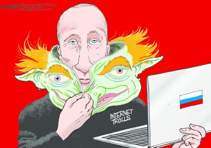 Political cartoon U.S. Russia hackers