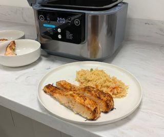 A plate of salmon and rice next to the Ninja Speedi Rapid Cooker and Air Fryer.