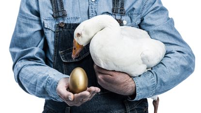 A farmer holds a goose and a golden egg.