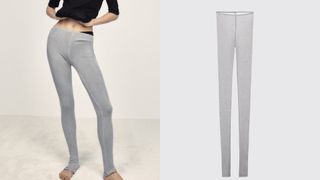 composite of flat lay image and model wearing grey cotton leggings from zara