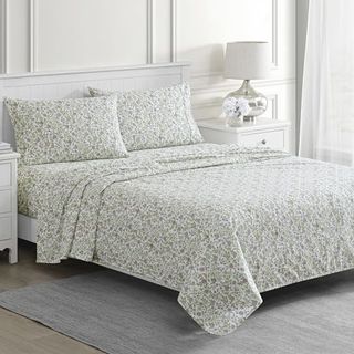 Martha Stewart Rachel Jacobean Floral 300tc 100% Cotton Percale Sheet Set, Green/purple, 4 Piece - 1 Flat Sheet, 1 Fitted Sheet, 2 Std Pillowcases, Breathable Cotton Printed Bed Sheets, Queen Size