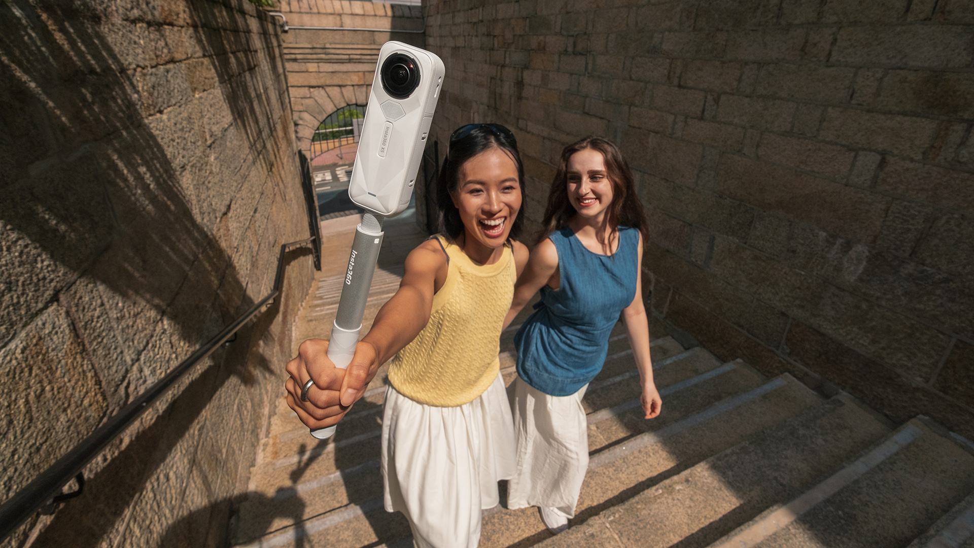 Insta360 X5 Satin White used for travel vlogging