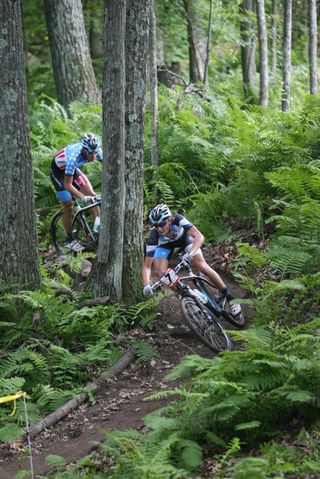 Sam Schultz (Subaru Trek) leads teammate Jeremy Horgan-Kobelski through the singletrack at the 2010 Subaru Cup. Schultz went on to win his first Pro XCT contest in Wisconsin.