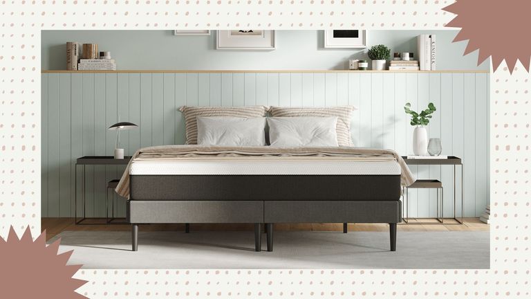 image of the Emma Original mattress—one of the products in the current Emma mattress sales—dressed up on a bedframe on a dotty lilac background