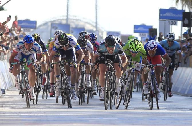 The Giro peloton's fast men in full flight in the closing meters of stage 6