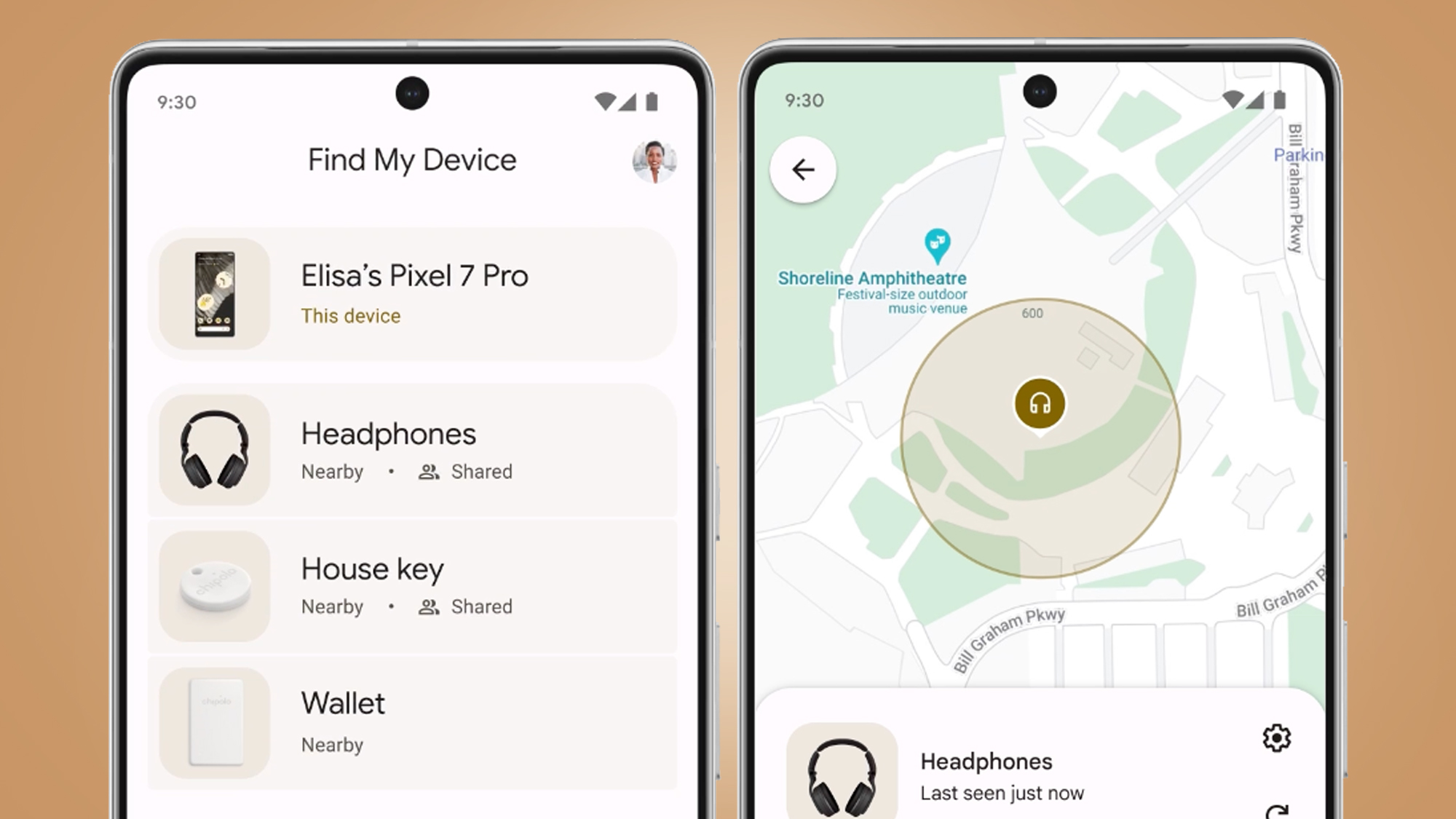 Two Android phones on a beige background showing the Find My Device feature tracking an object