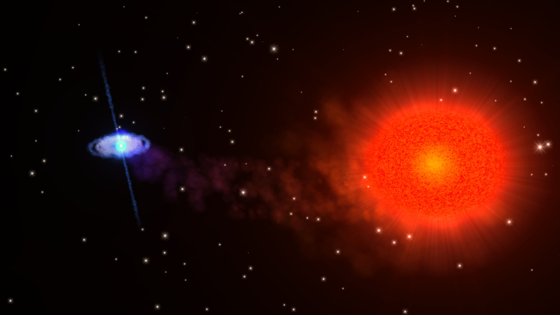An illustration of a pulsar gobbling up matter from its companion star. In black widow pulsars, the companion star has been stripped to one tenth the mass of our sun, or less.