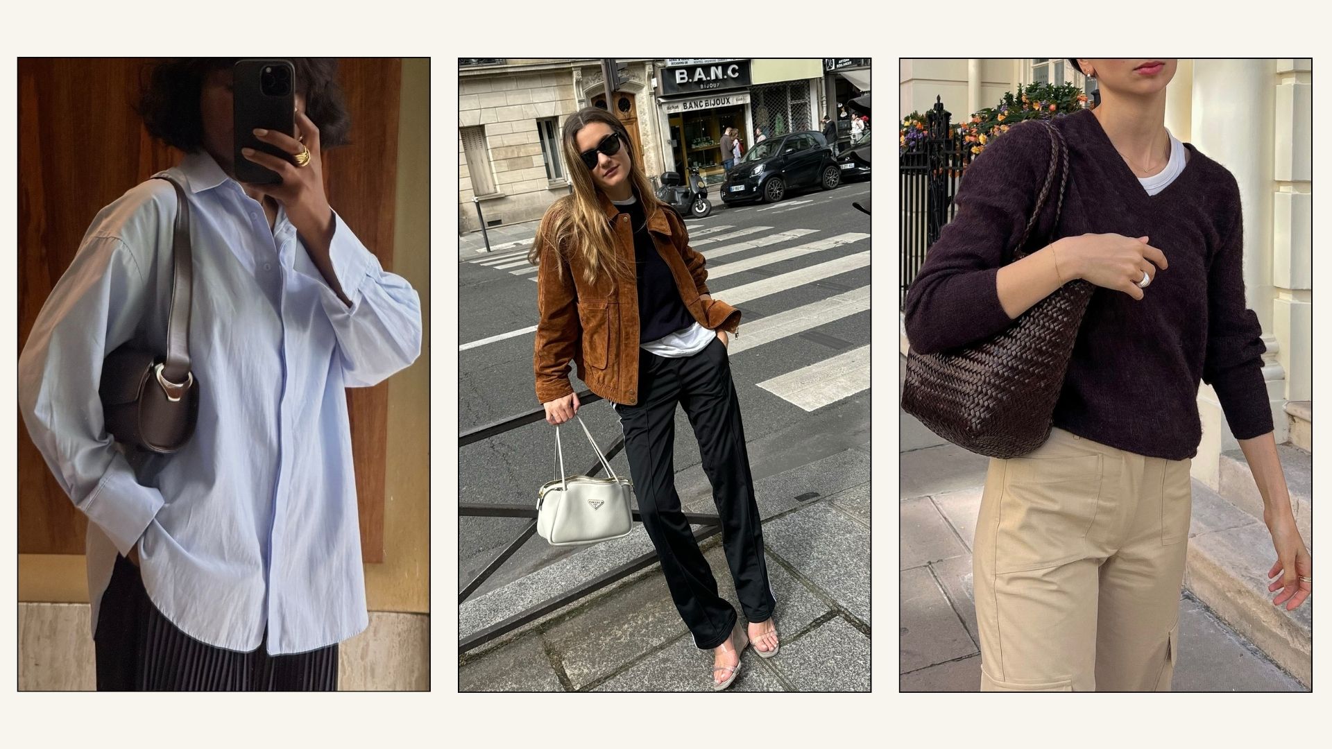Collage of influencers wears French girl autumn trends 2025.