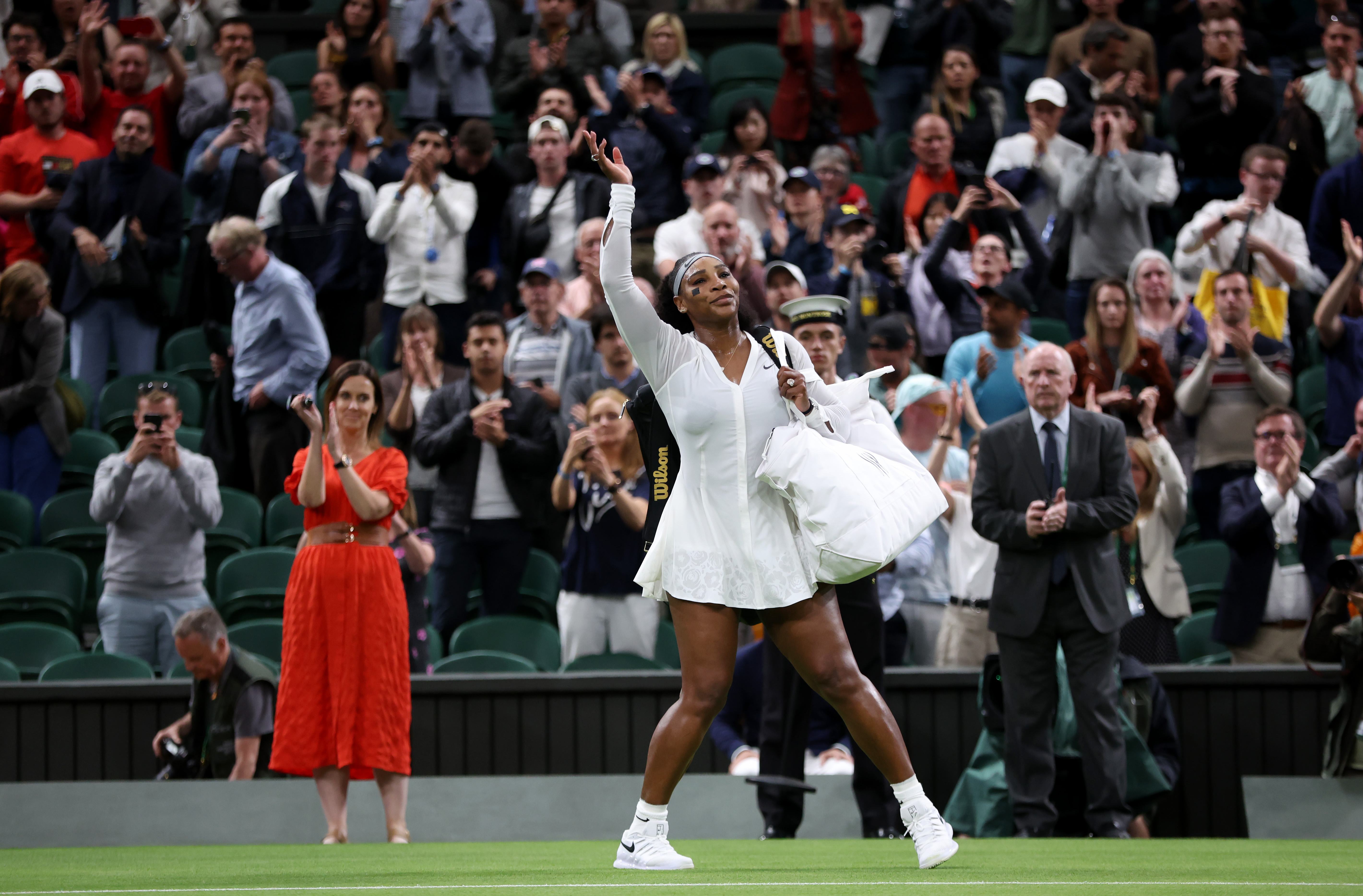 Serena Williams competed at Wimbledon 2022 in a white Nike tennis dress