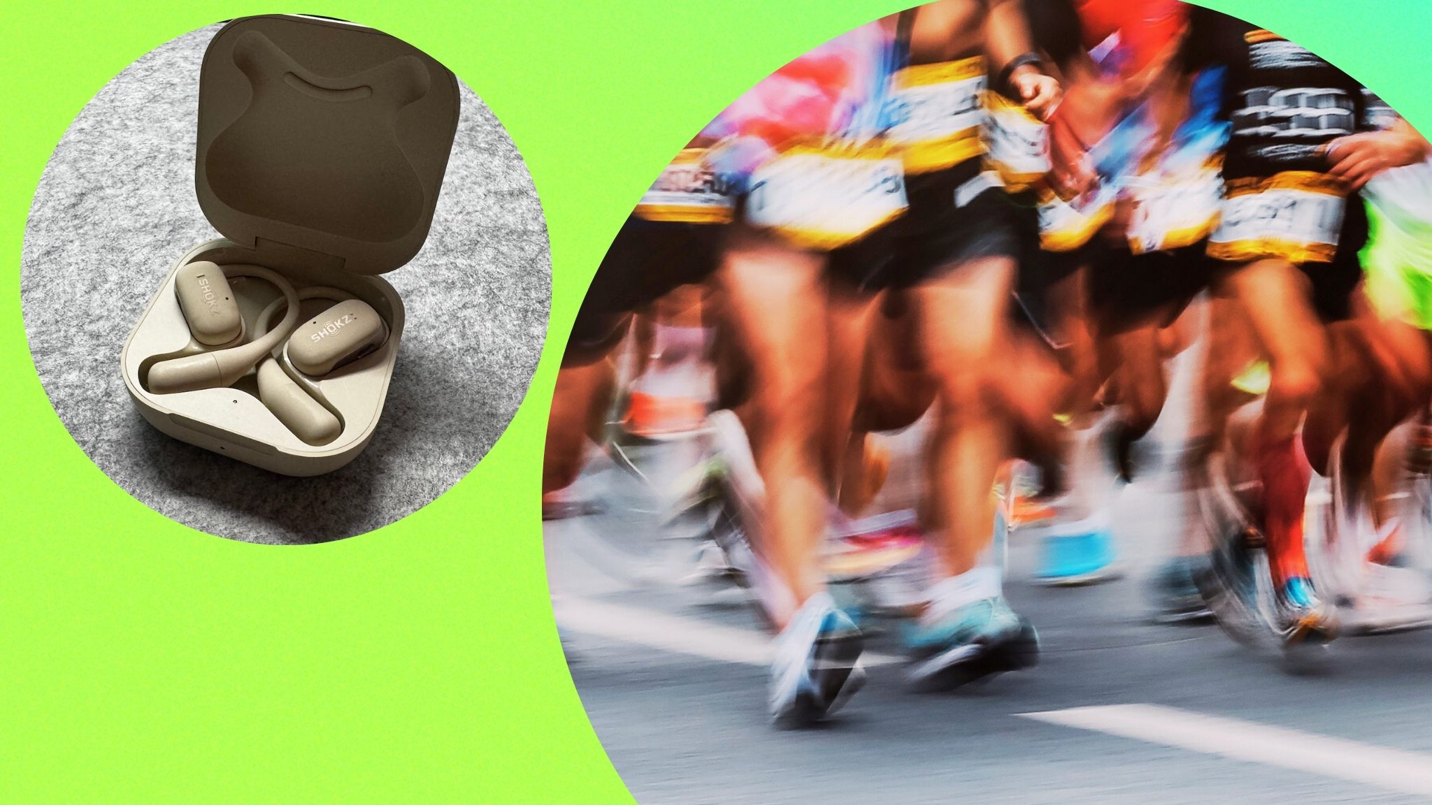 Open Ear earphones next to an image of a marathon