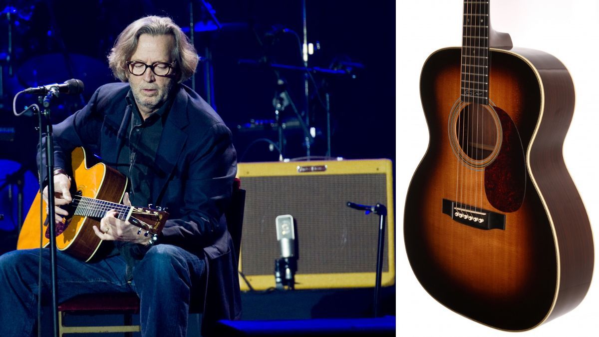 L-English musician Eric Clapton performing live on stage with his signature Martin 000-28EC acoustic guitar at the O2 Arena; Eric Clapton&#039;s 1995 Martin 000-28EC signature prototype