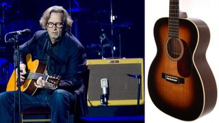 L-English musician Eric Clapton performing live on stage with his signature Martin 000-28EC acoustic guitar at the O2 Arena; Eric Clapton's 1995 Martin 000-28EC signature prototype