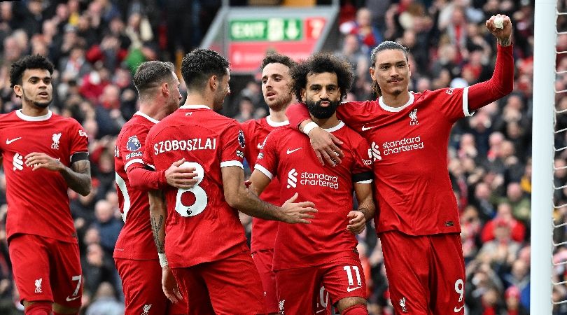 Liverpool players celebrate Mohamed Salah&#039;s first goal in their 2-0 win over Everton at Anfield in October 2023.