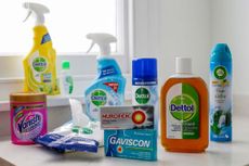 Dettol original liquid, alongside Air Wick, Vanish, Nurofen, Gaviscon and Cillit Bang, health and hygiene products, produced by Reckitt Benckiser Group Plc, in an arranged photograph in London, U.K., on Wednesday, Oct. 14, 2020. Reckitt are due to report third-quarter sales on Oct. 20. Photographer: Hollie Adams/Bloomberg