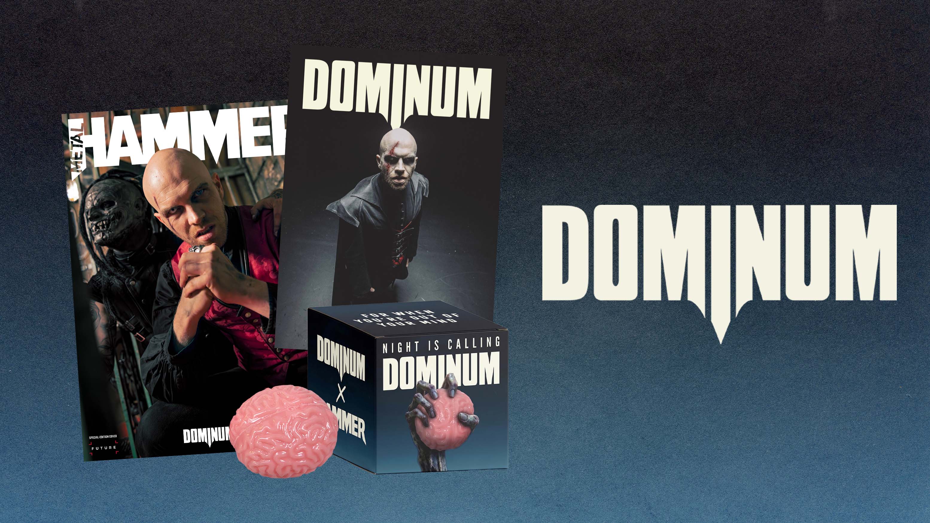Dominum on the cover of Metal Hammer, with an art card and a stress ball that looks like a brain