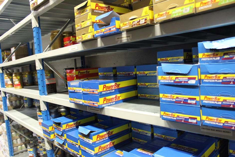Shelves full of energy bars and gels
