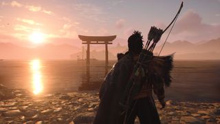 Yasuke looking over the water to a shrine during sunset in Assassin's Creed Shadows