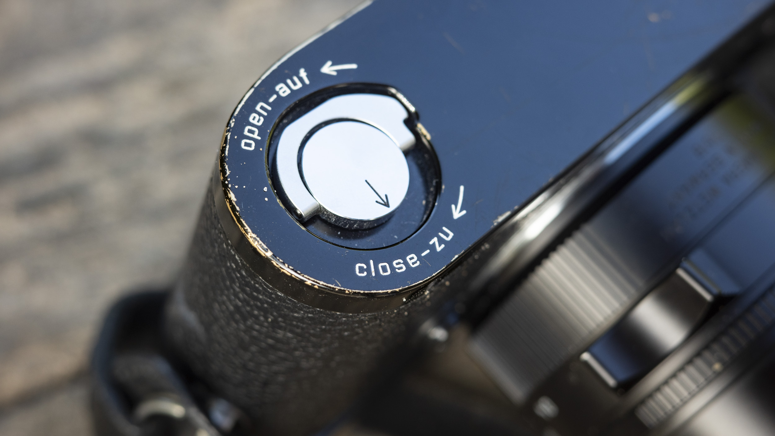 Closeup of the Leica MP film compartment lock