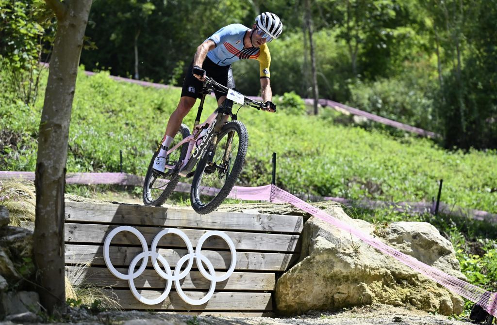 Belgian Pierre De Froidmont pictured in action during the men's cross-country mountain bike cycling race at the Paris 2024 Olympic Games, at the Colline d'Elancourt climb near Paris, France on Monday 29 July 2024. The Games of the XXXIII Olympiad are taking place in Paris from 26 July to 11 August. The Belgian delegation counts 165 athletes competing in 21 sports. BELGA PHOTO DIRK WAEM (Photo by DIRK WAEM / BELGA MAG / Belga via AFP)