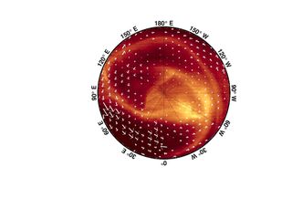 This image shows thermal infrared radiation (at a wavelength of 5 microns) emitted by the cloud tops at the southern polar region of Venus on Jan. 20, 2008, as viewed by the VIRTIS imaging spectrometer on Venus Express. The white arrows show the atmospher