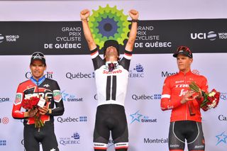 Greg van Avermaet, Michael Matthews and Jasper Stuyven on the podium in Quebec
