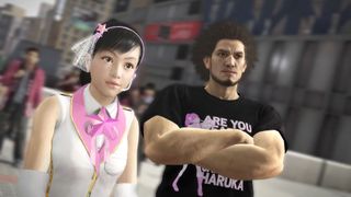 A Yakuza 5 mod screenshot showing Haru and Ichiban standing on a street.