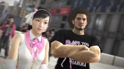 A Yakuza 5 mod screenshot showing Haru and Ichiban standing on a street.