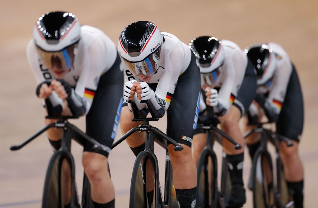 Germanys Franziska Brausse Germanys Lisa Brennauer Germanys Lisa Klein and Germanys Gudrun Stock compete to win Bronze in the Womens Team Pursuit Finals at the UCI track cycling World Championship at the velodrome in Berlin on February 27 2020 Photo by Odd ANDERSEN AFP Photo by ODD ANDERSENAFP via Getty Images