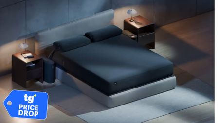 An Eight Sleep Pod 5 mattress cover on a mattress with the Pod by the side of the bed. In the bottom left corner is a Tom's Guide Price Drop deals graphic.
