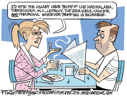Political cartoon U.S. 2016 election Hillary Clinton health voters