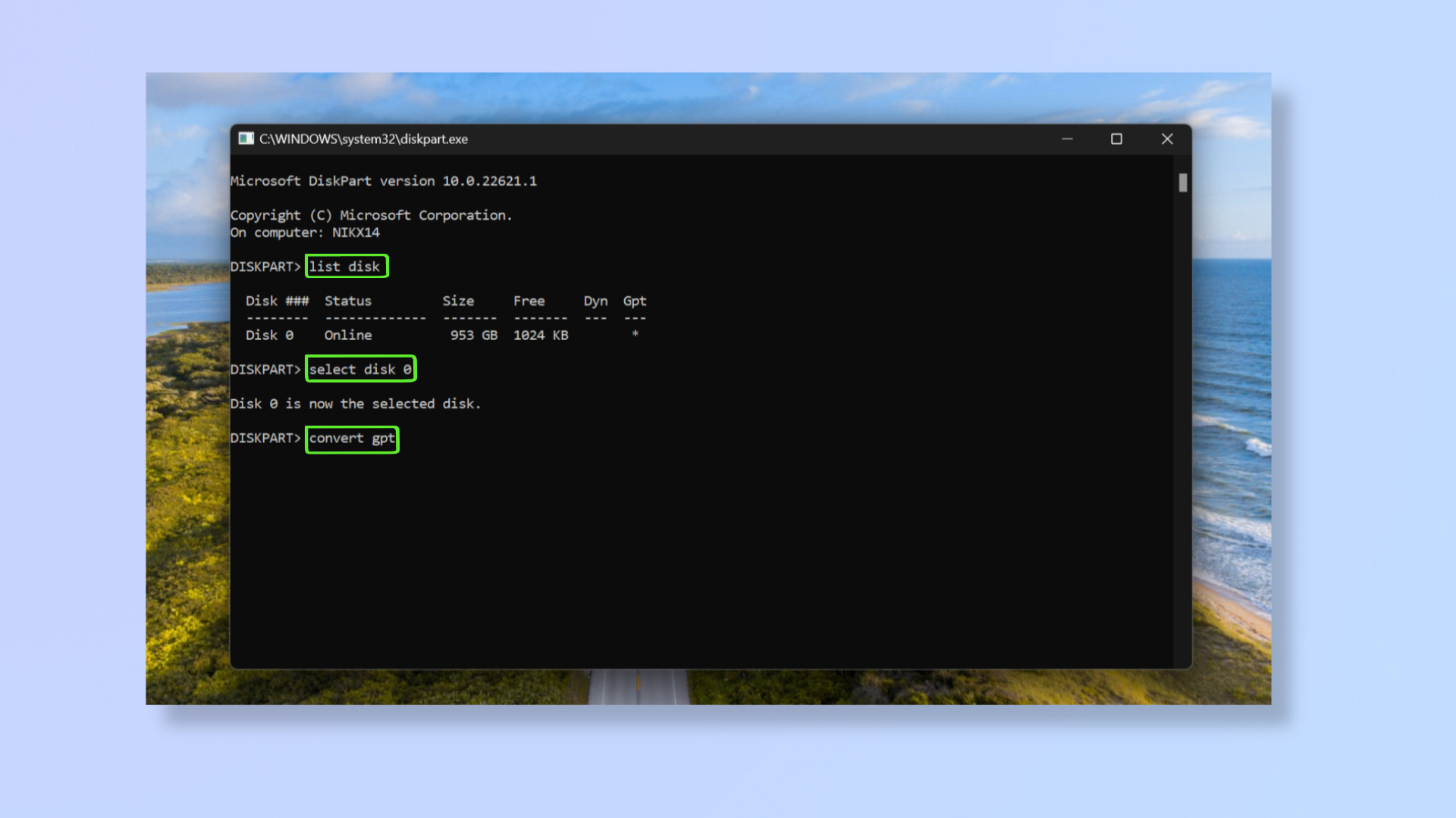 Снимок экрана командной строки diskpart в Windows 11. 