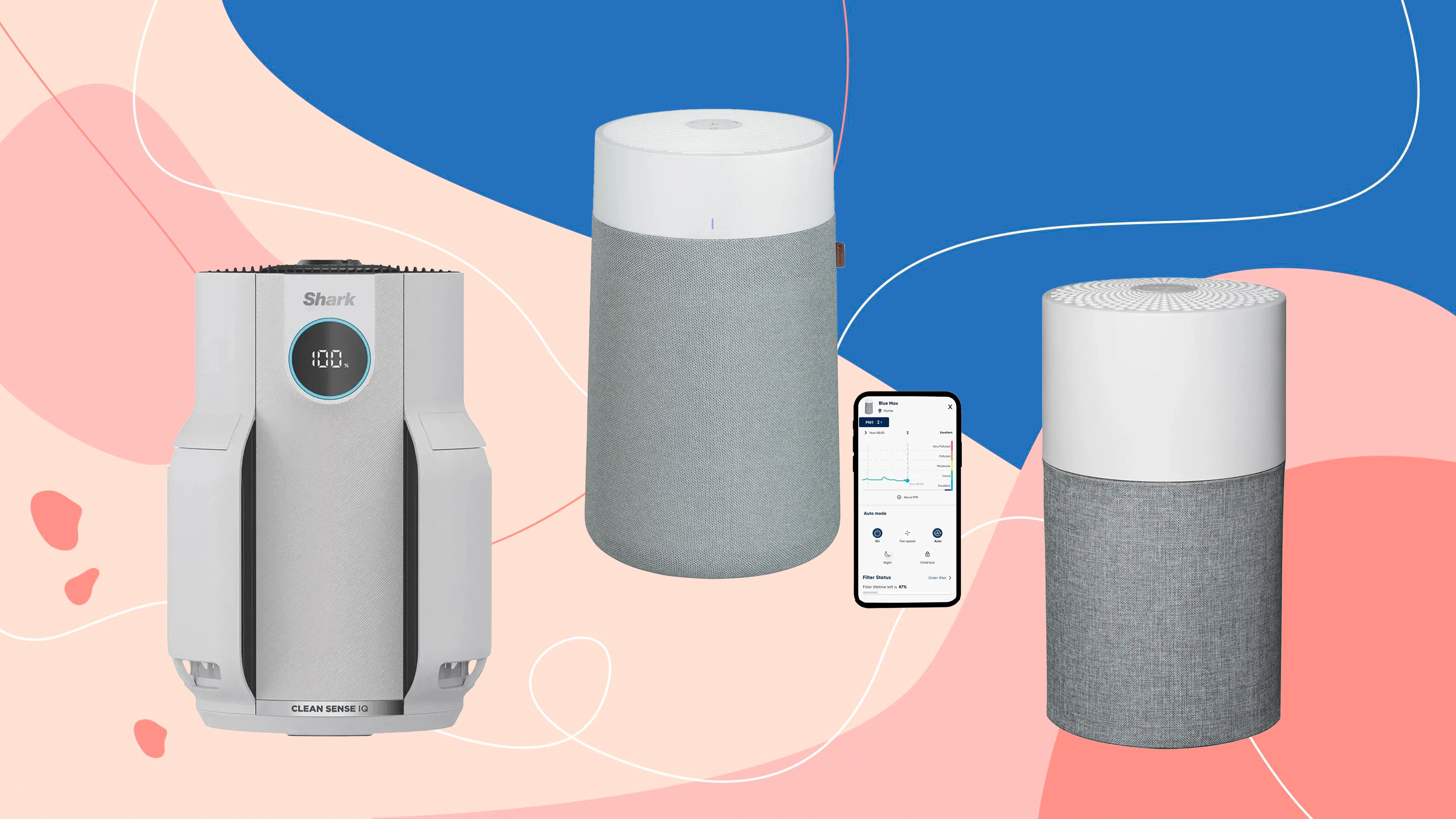 three air purifiers on a pink and blue background