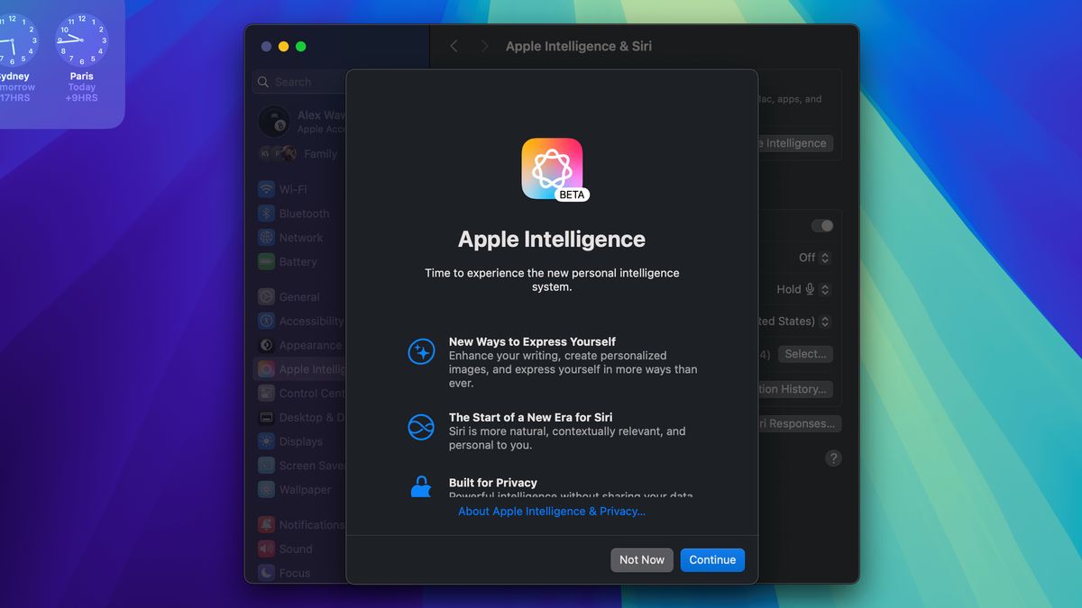 Apple Intelligence beta message on macOS Sequoia