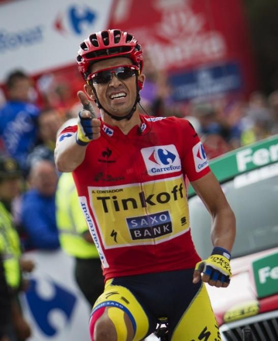 Alberto Contador fires off his celebration after winning at La Farrapona at the Vuelta a Espa&ntilde;a.