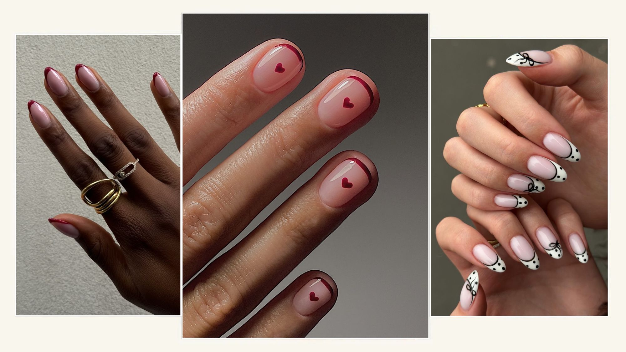 A collage of French tip nail design ideas for Valentine&rsquo;s Day.