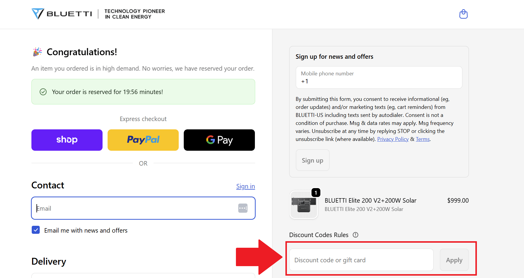 A screenshot showing the Bluetti checkout page and where to enter your Bluetti promo code