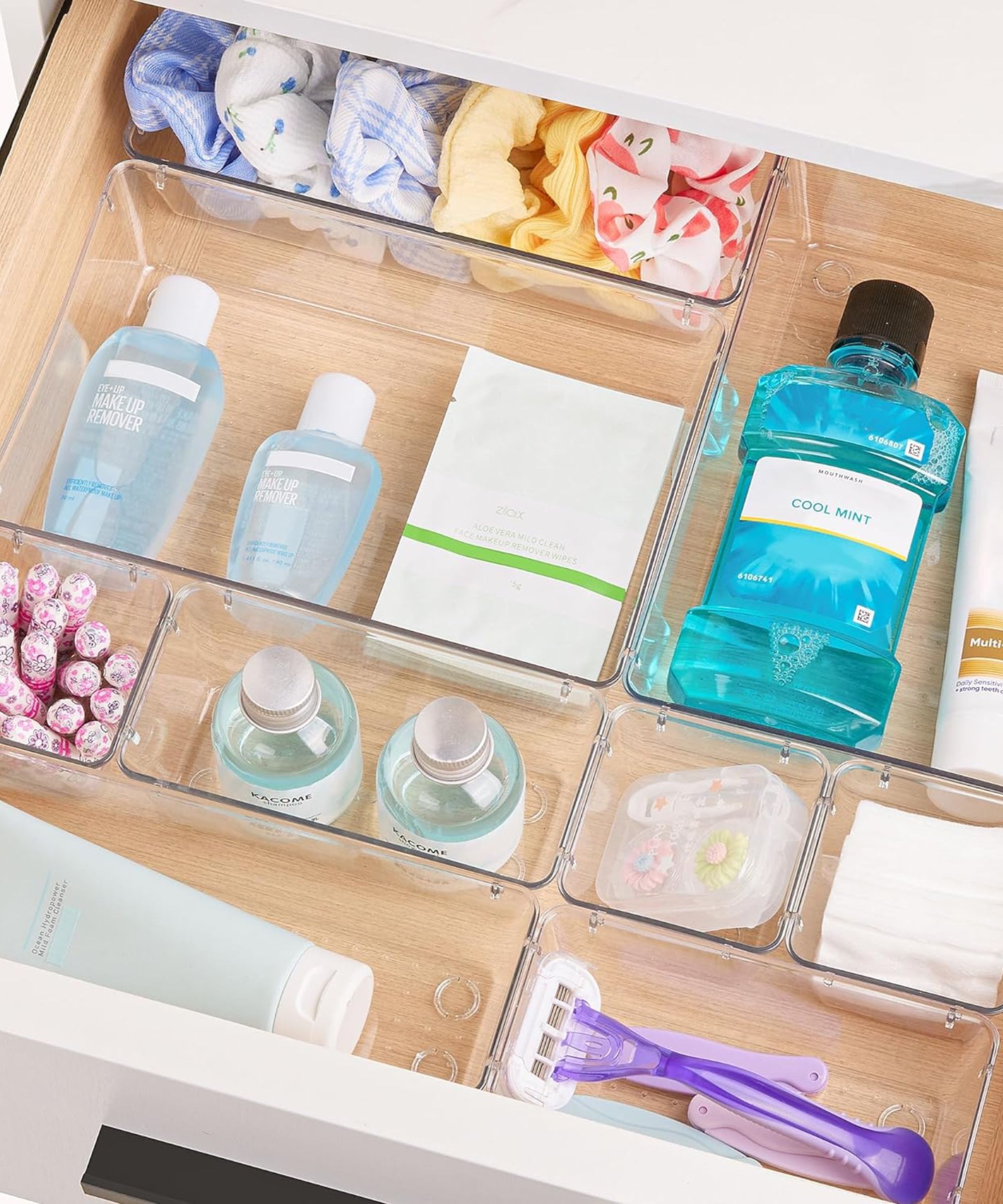 Amazon&#039;s organizing tray set in a tidy drawer with bathroom products neatly organized