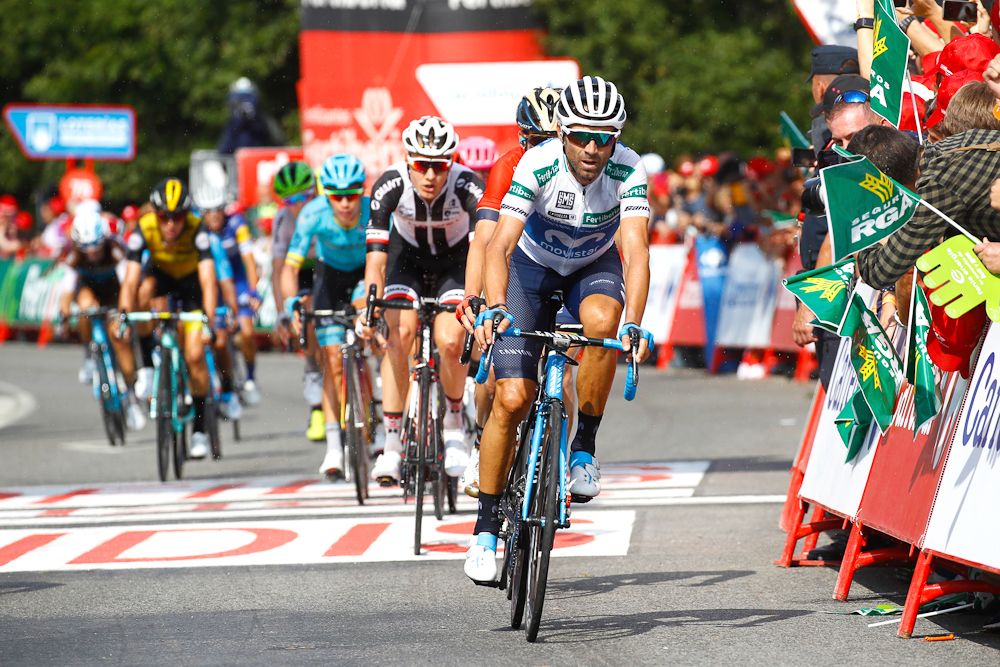 Alejandro Valvderde cross the finish line of stage 11 at the Vuelta