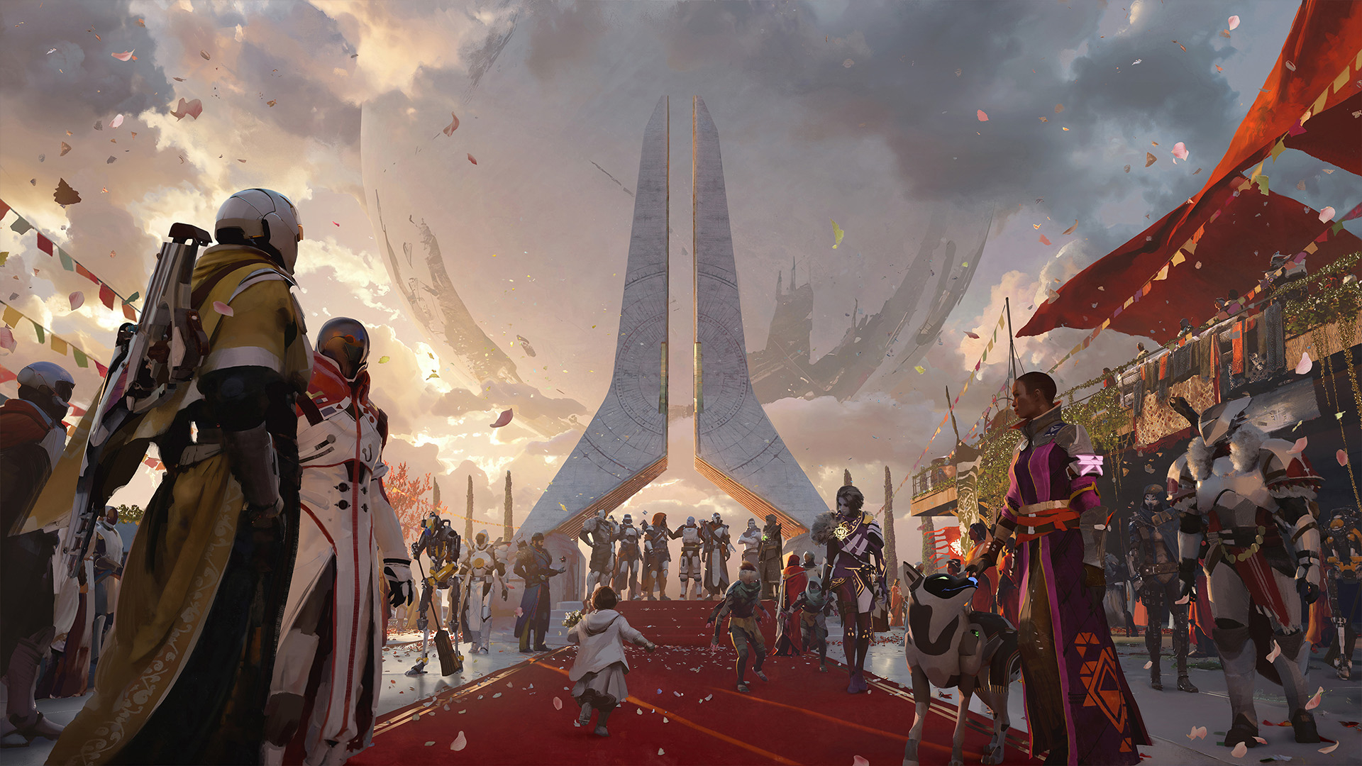 A crowd of Guardians and civilians are assembled in front of the Traveller, with confetti falling on them