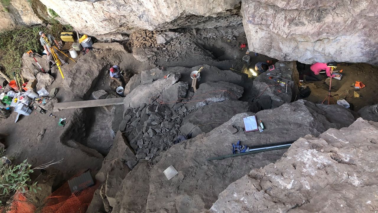 an excavation site in a cave