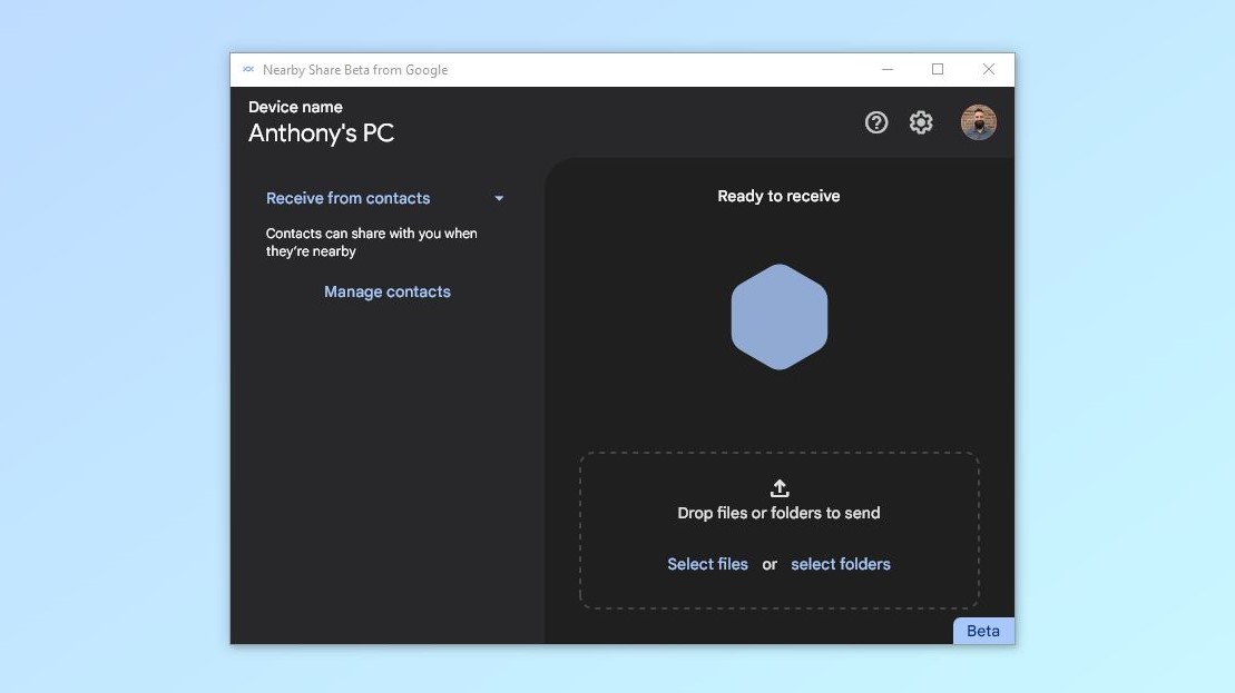 Ein Screenshot der Nearby Share-App für Windows
