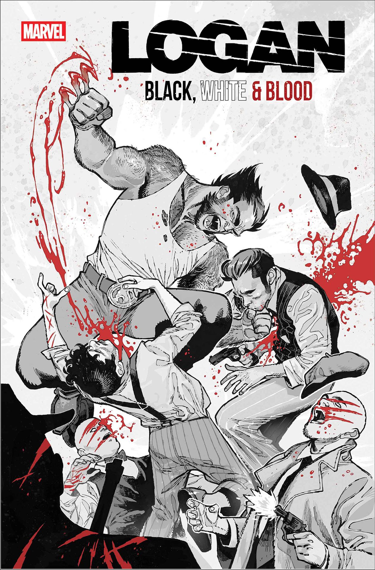 Wolverine slashing his way through a crowd of mobsters