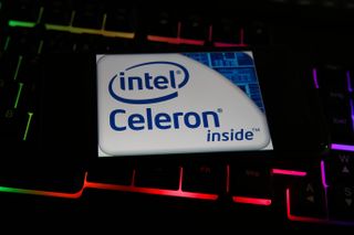 Intel Celeron sticker on a laptop.
