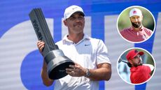 Main image of Brooks Koepka with the 2024 LIV Golf Singapore trophy with inset images of Jon Rahm (upper right) and Abraham Ancer (bottom right)