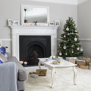 christmas tree with sofa and coffee table