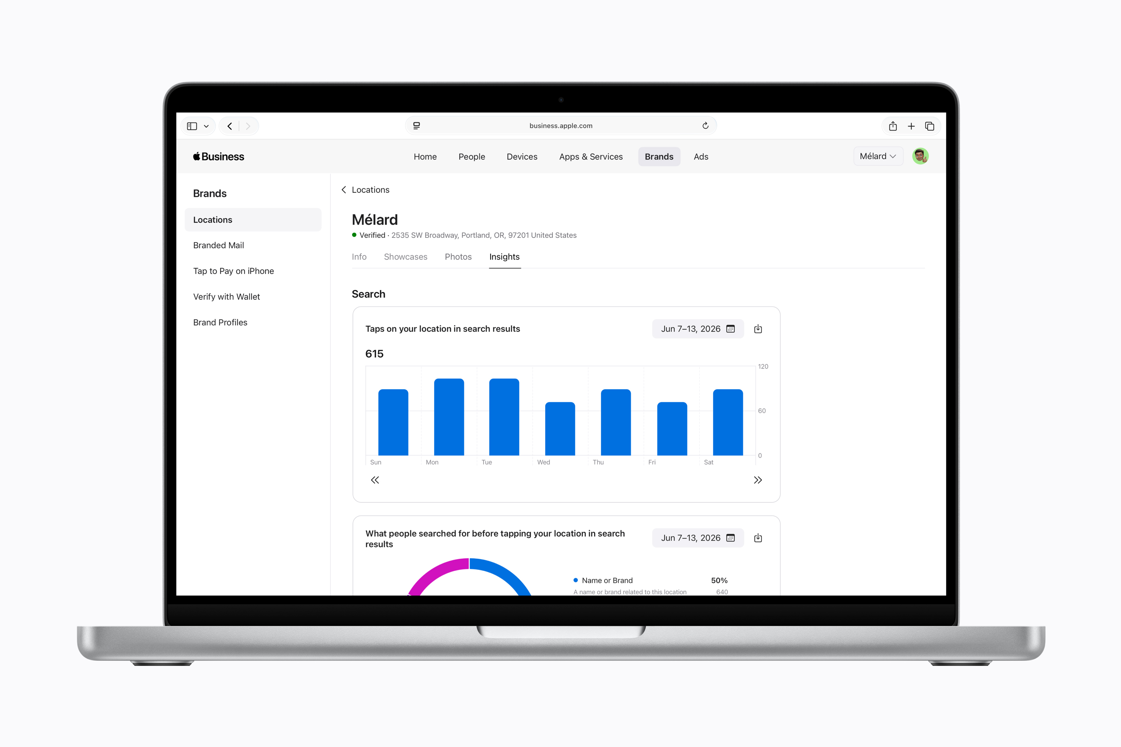 Apple Business suite application features pictured on a MacBook screen.