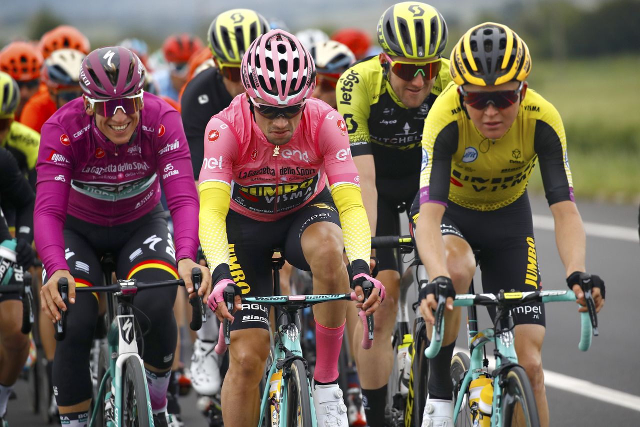 A colour clash for race leader Primoz Roglic (Jumbo-Visma)